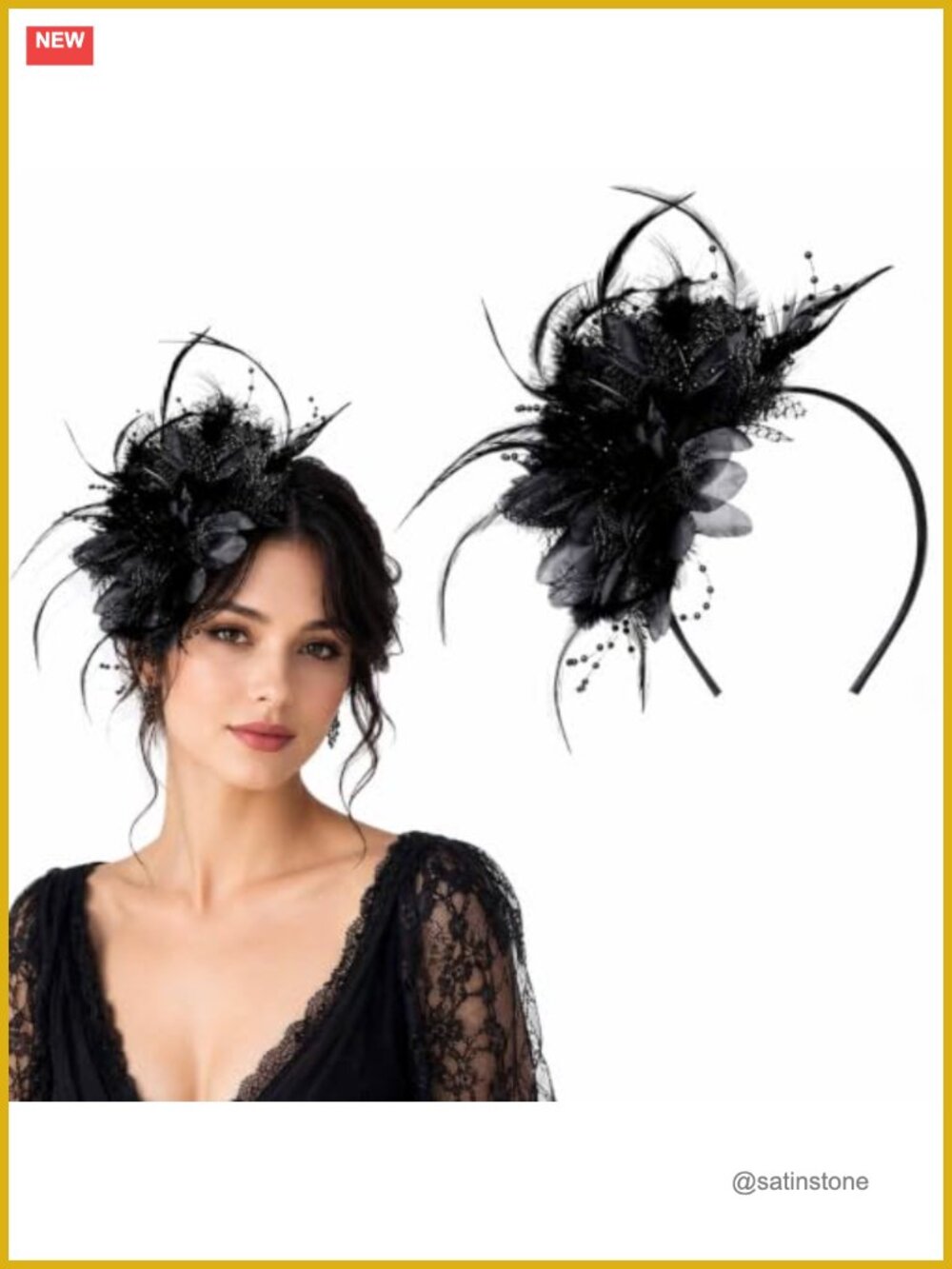 Handmade Vintage Goth Fascinator Headband with Feathers & Pearls